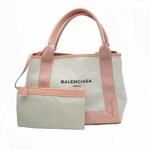 Balenciaga Tote Bag Navy Blue Cabas Canvas Calfskin Pink Natural